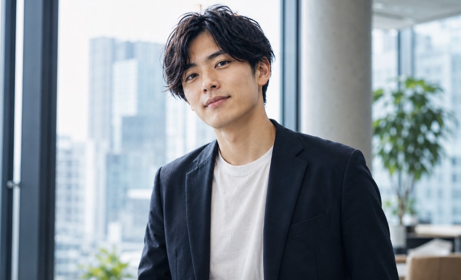 オフィスの窓辺に立つ若手メンバー