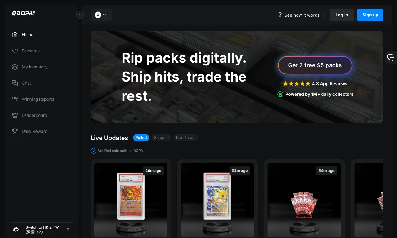 DOPA Globalのトップページ。米ドル建てのパックと当選報告が並んでいる