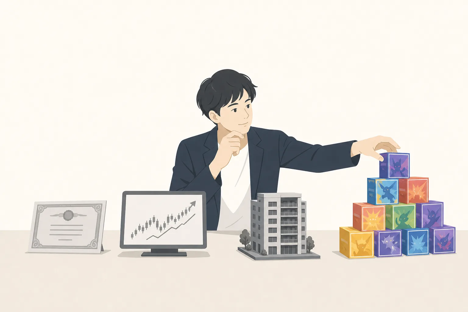 債券・株・不動産と比べて、トレカBOXを選ぶイメージイラスト