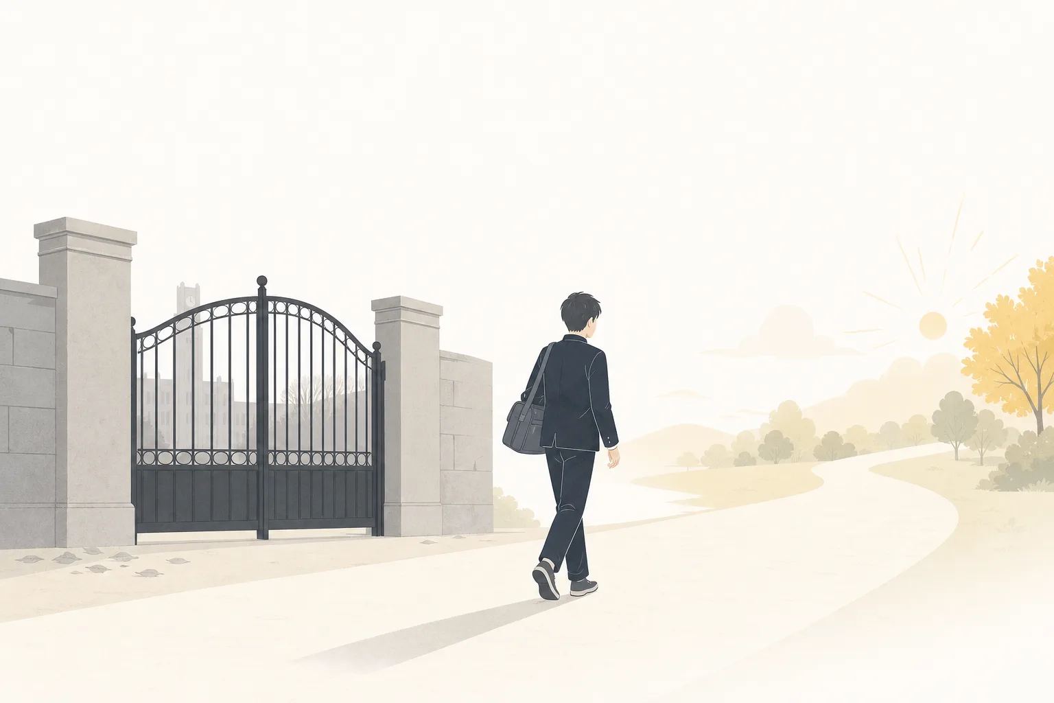 閉ざされた門の前から別の道へ歩き出す学生のイラスト