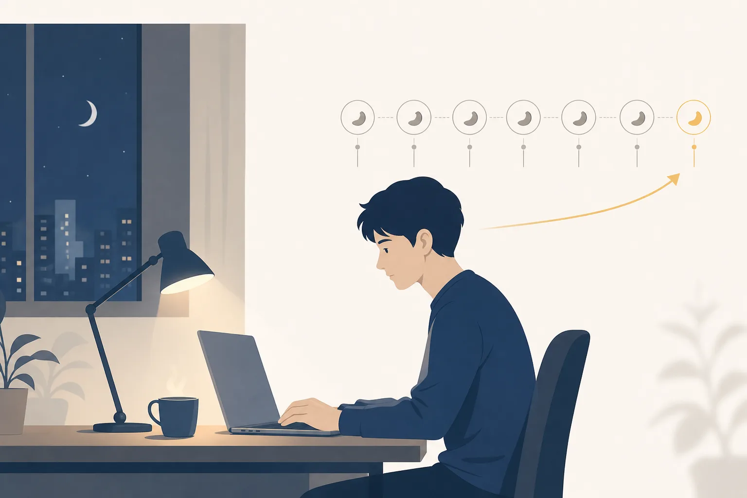 夜の部屋でPCに向かい働き続ける男性のイラスト