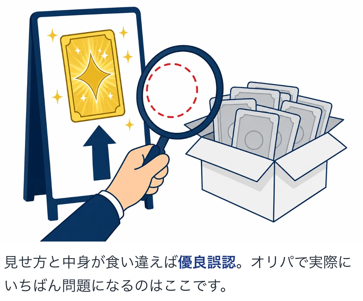 看板の見せ方と実際の中身が食い違う優良誤認を示したイラスト