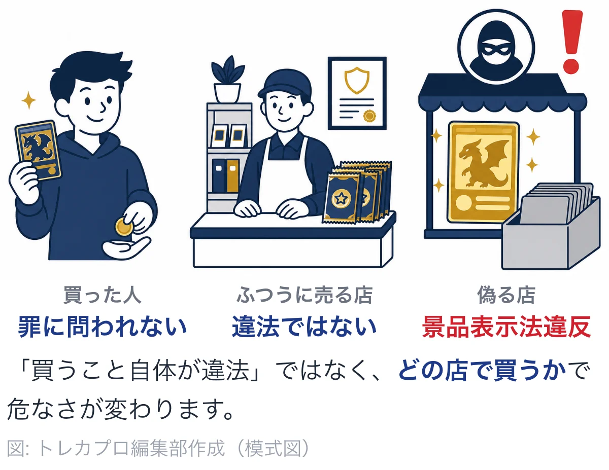 買った人は罪に問われず、ふつうに売る店も違法ではなく、偽る店だけが景品表示法違反になることを示した図