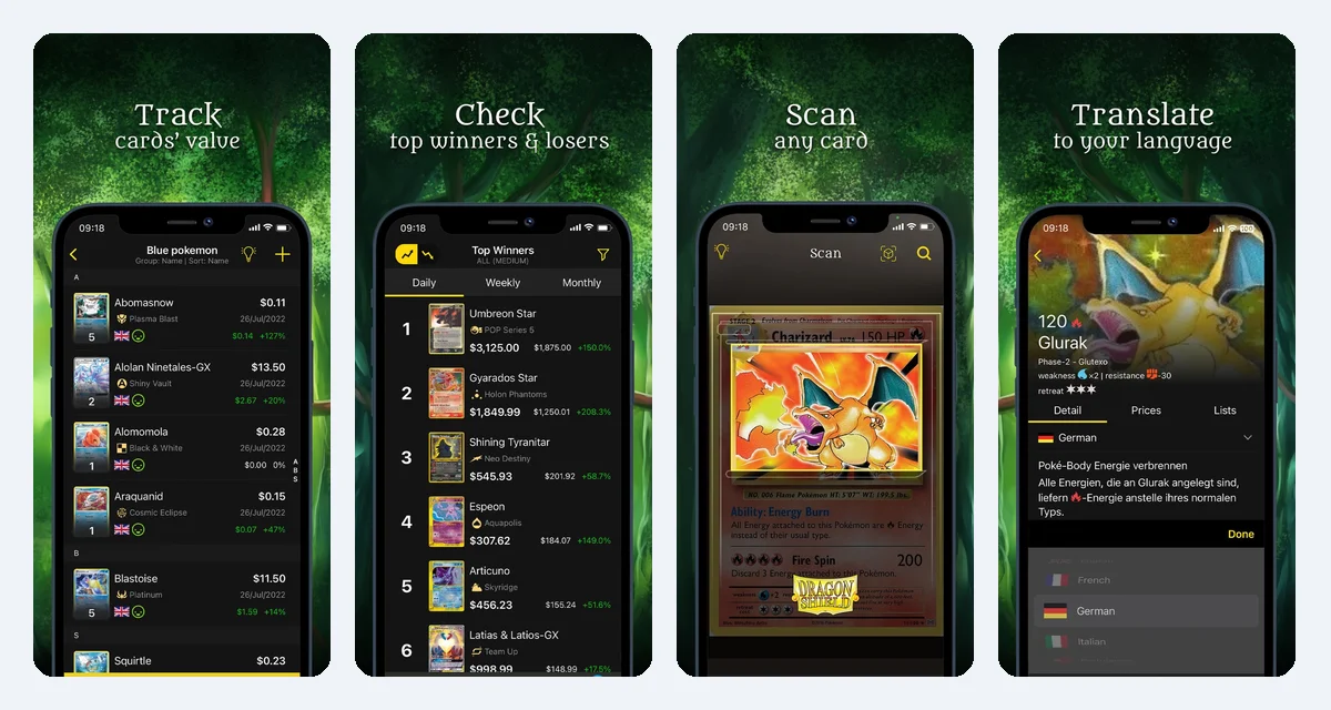 Dragon Shield Poké TCG ScannerのApp Storeに掲載されている画面。4枚を横に並べたもの