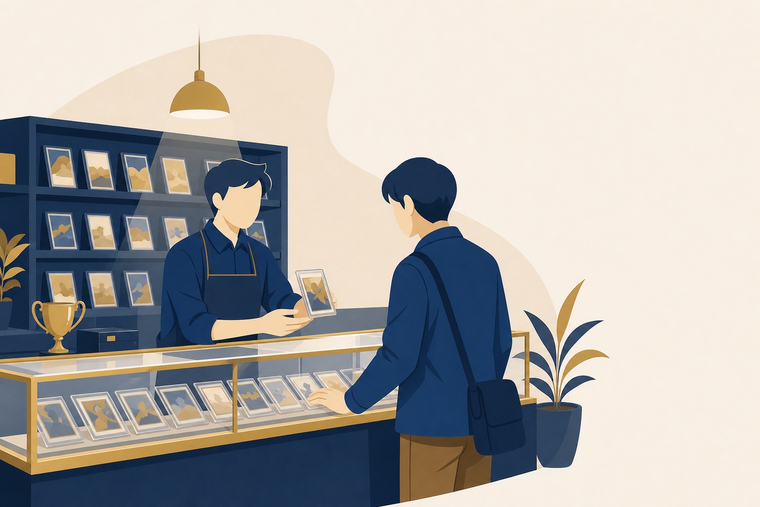 カードショップの店頭で店員と客が向き合う様子のイラスト