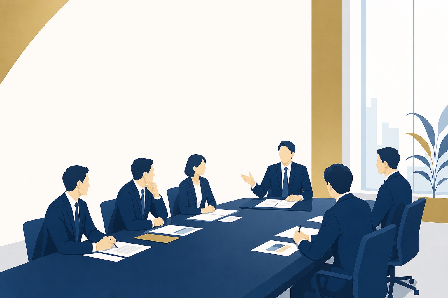 会議室でスーツ姿の人物たちが資料を前に議論する設立総会のイラスト