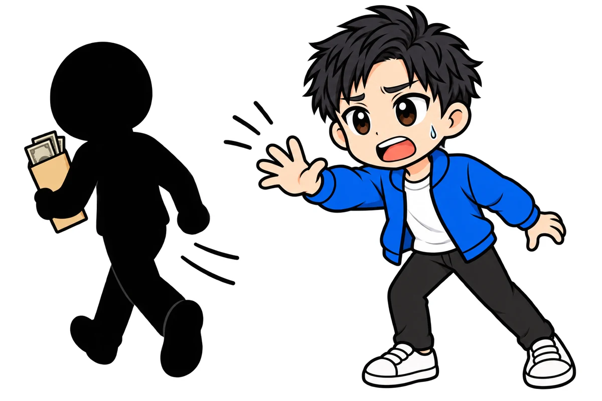お金の入った封筒を持って立ち去っていく人影と、それを引き留めようと手を伸ばす編集部代表を描いたイラスト