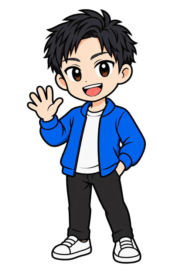 手を上げて挨拶している編集部代表のイラスト