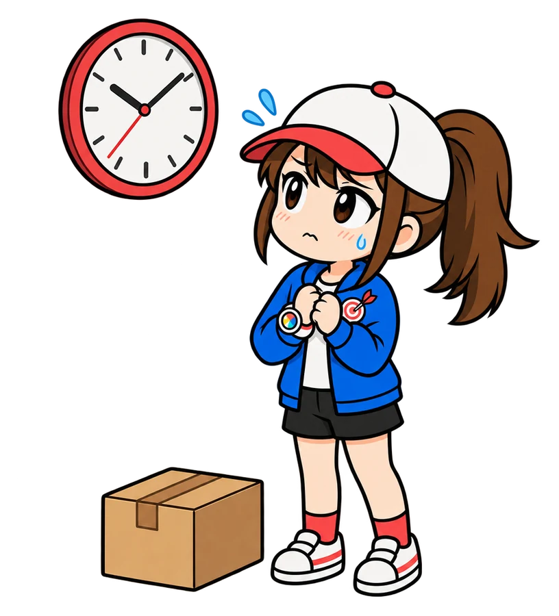 時計を見上げながら、届かない荷物のそばで待っているキャラクターのイラスト